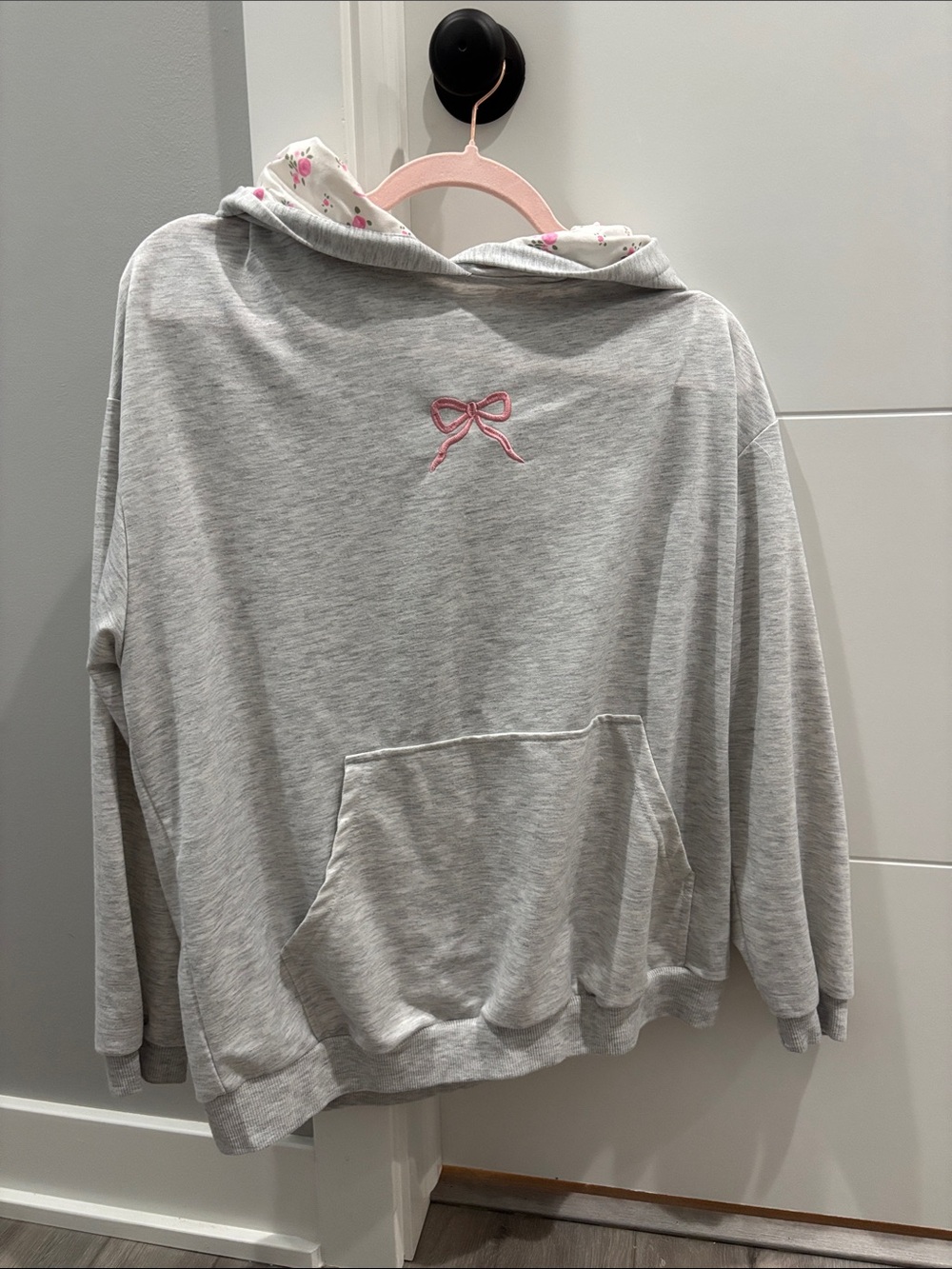 SHEIN Light Gray Hoodie with Pink Bow Detail